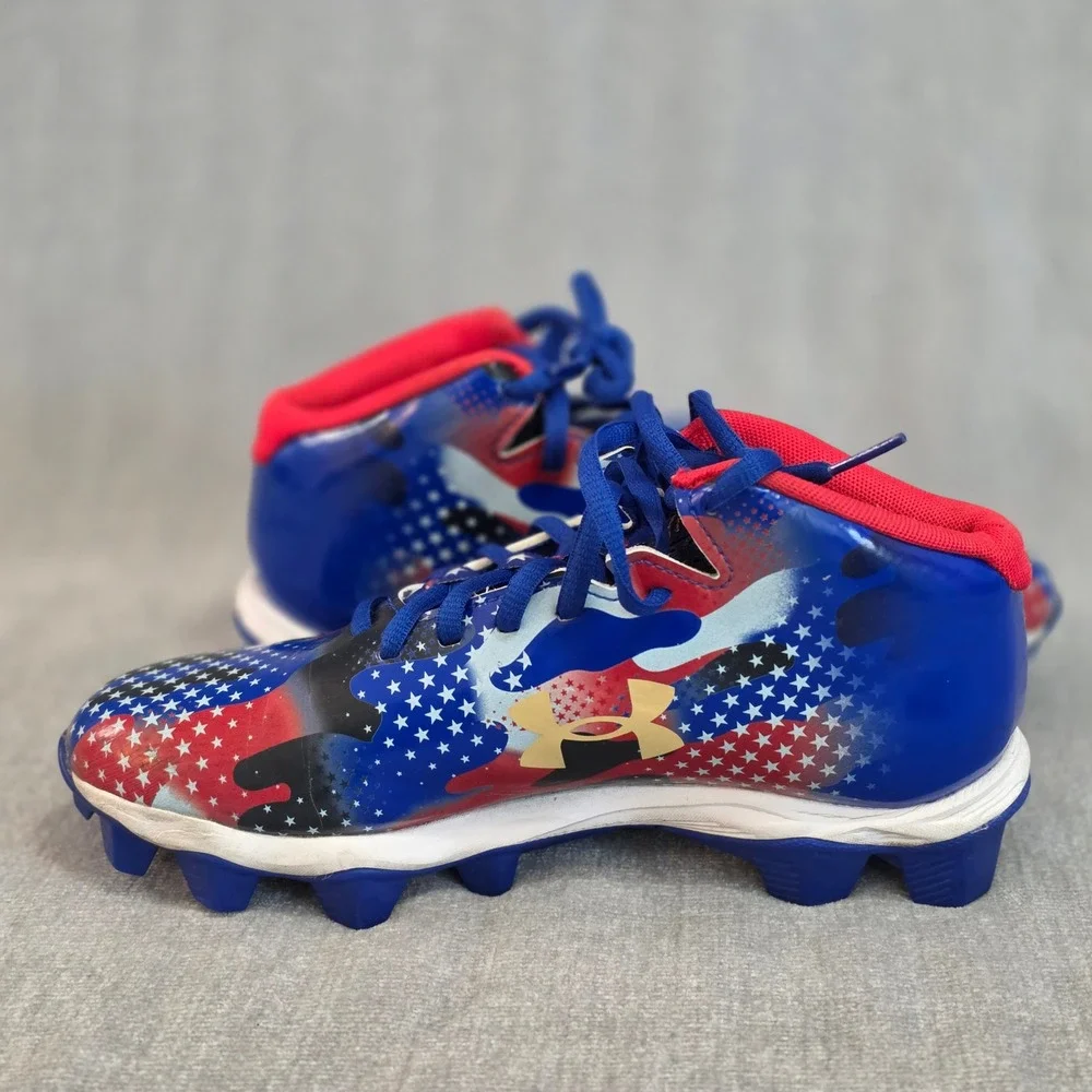 Under Armour Leadoff Mid RM Baseball Cleats Kids 4Y Blue Red Stars Stripes